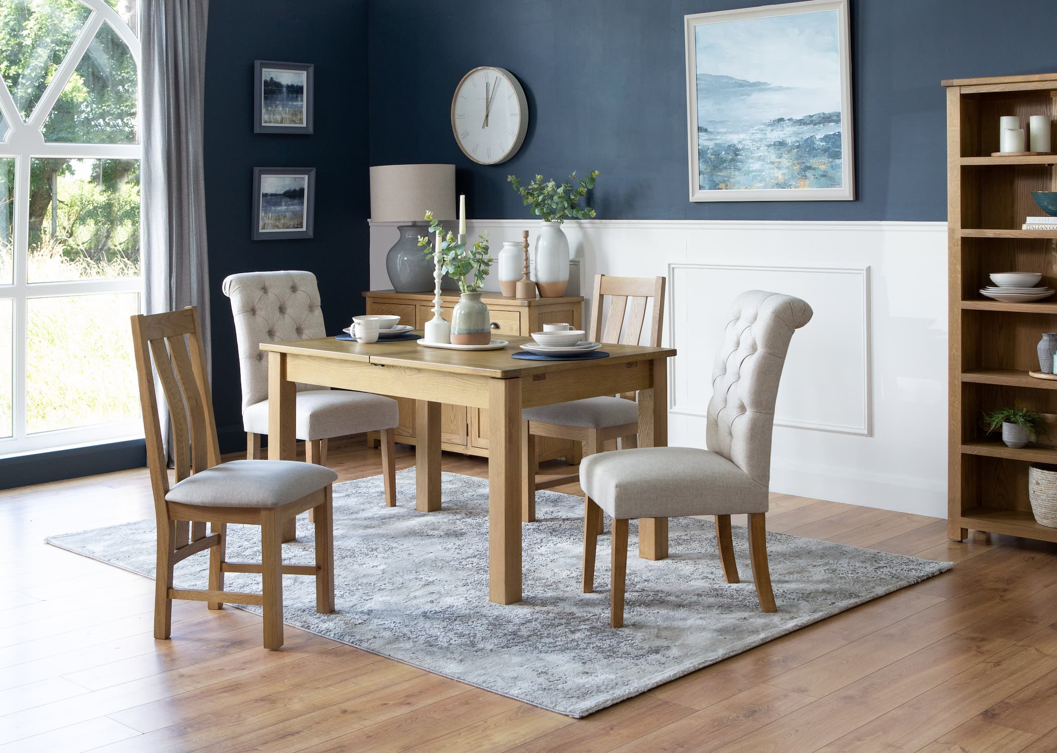 Dining room table with fabric deals chairs