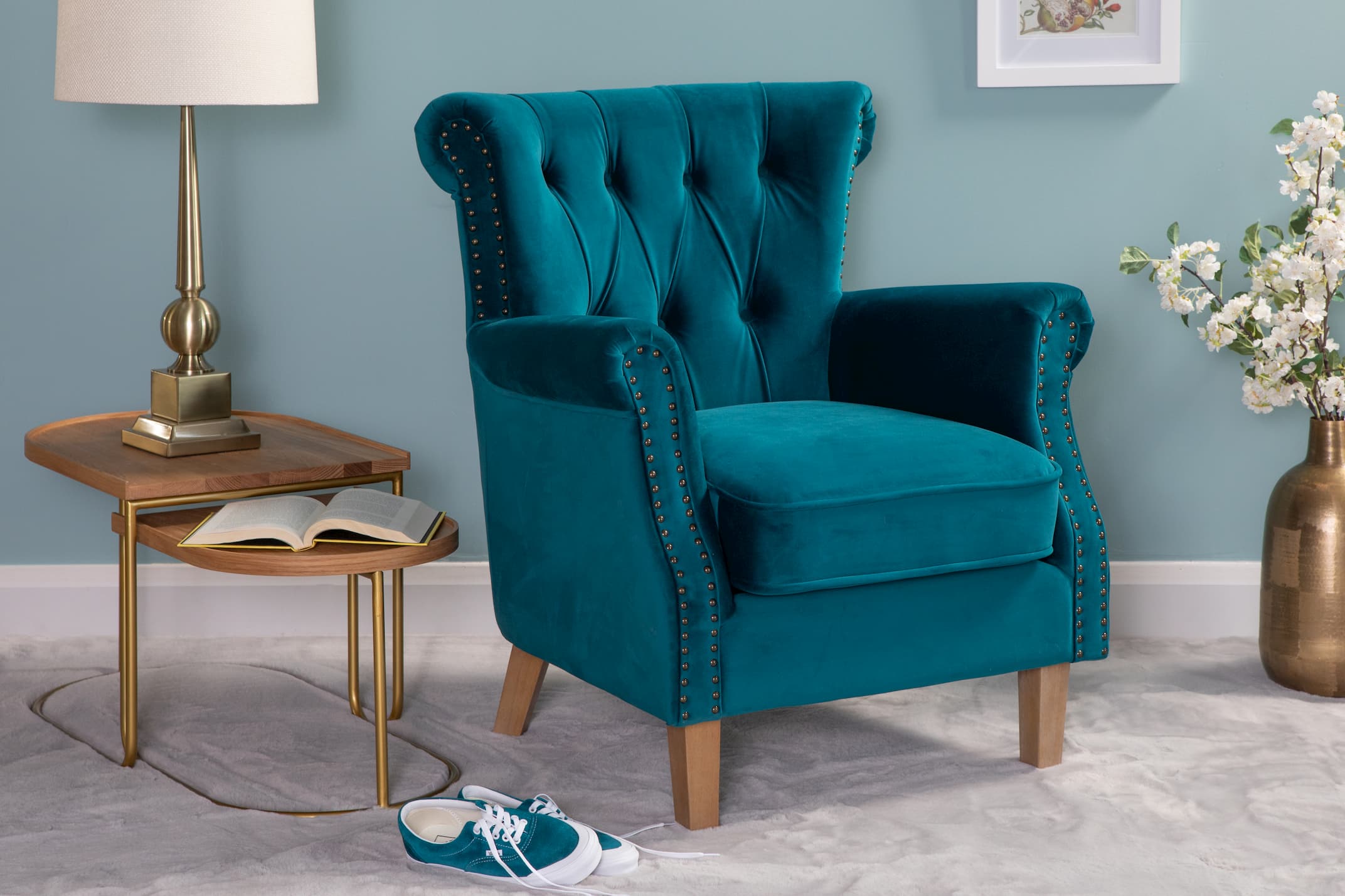 Light Teal Velvet Armchair with Light Oak Leg Sara EZ Living