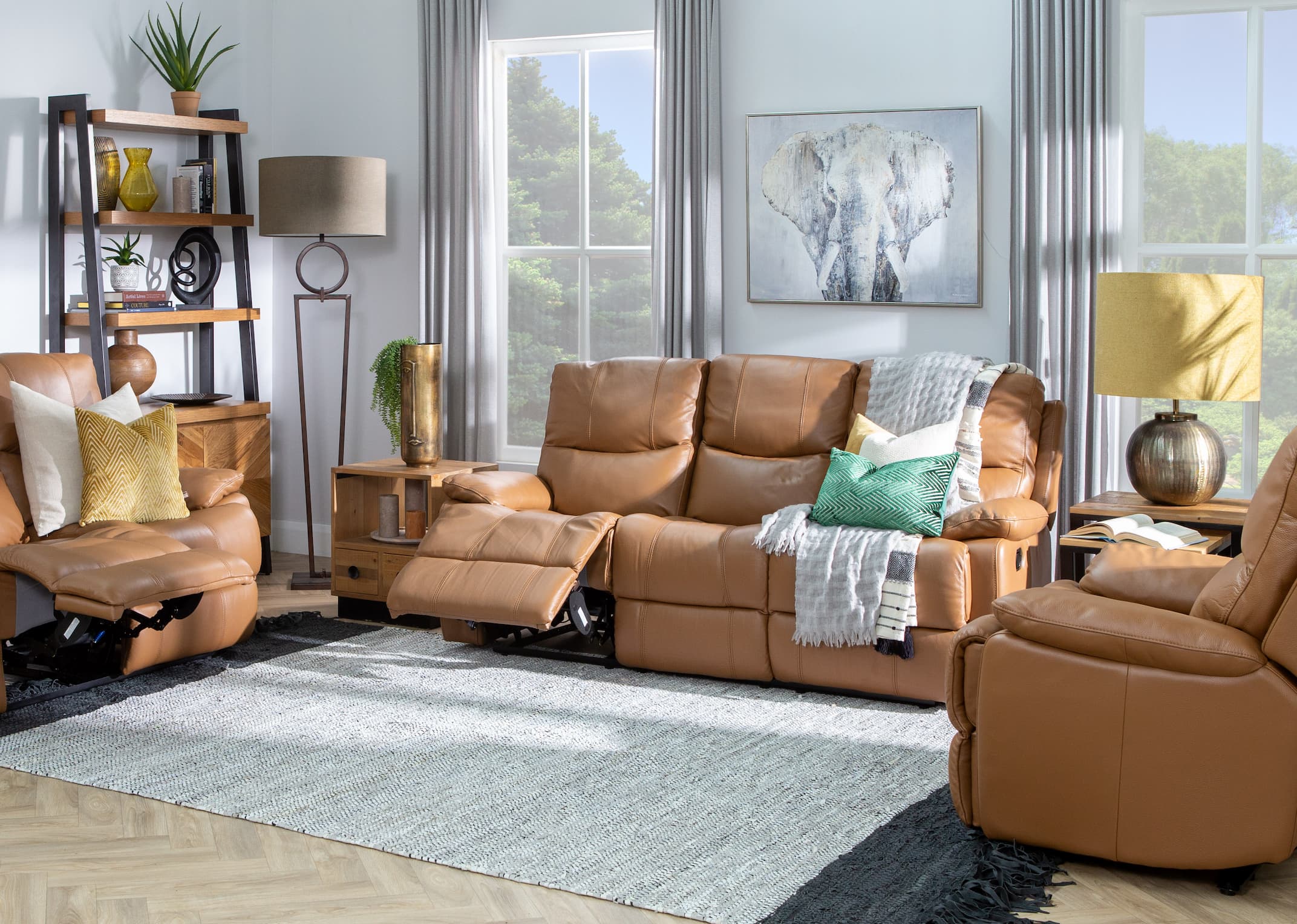 Brown leather clearance reclining sofa