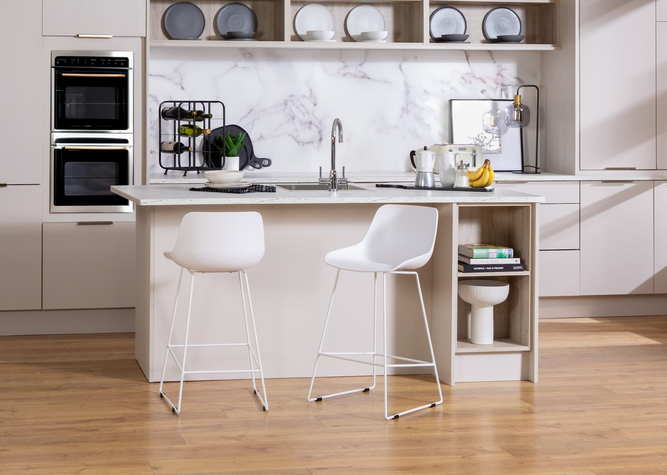 Grey and white store kitchen stools